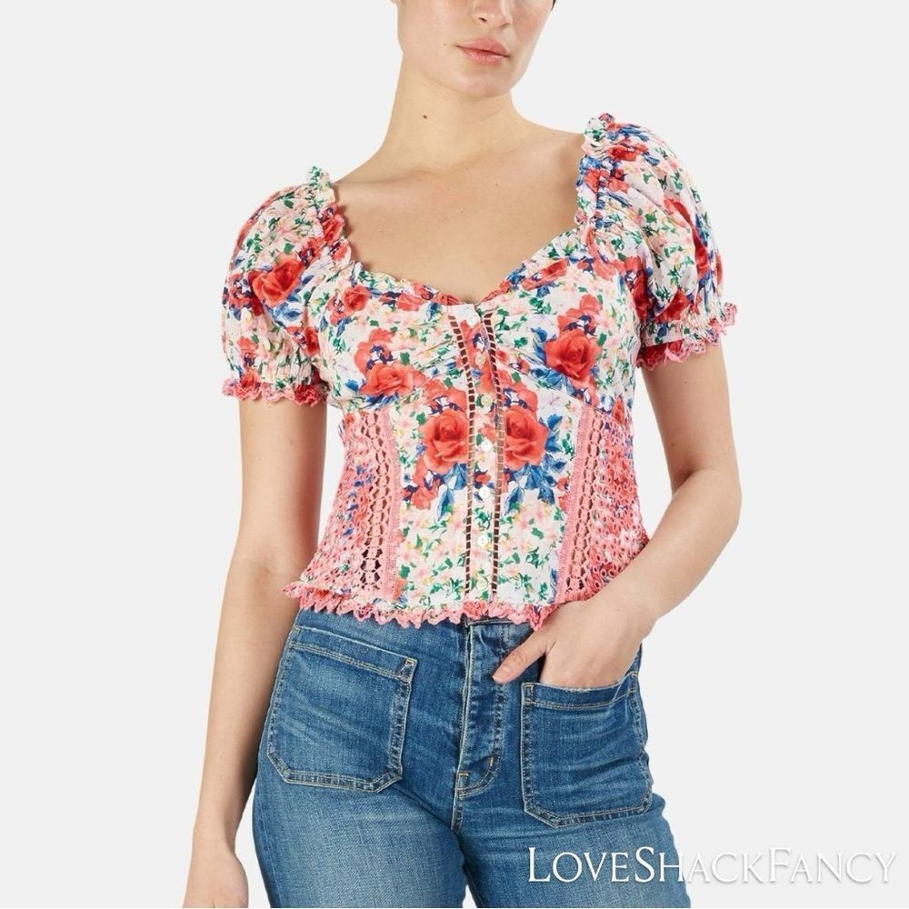 LoveShackFancy **NWT** Bryant Ruffle Trim Button Front Top in Rush of Red Floral - Picture 2 of 16